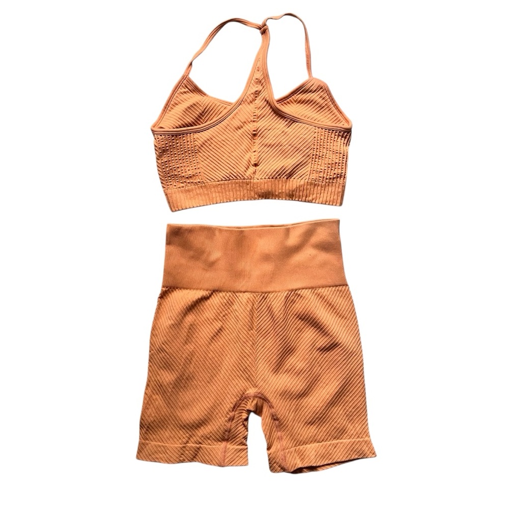 Orange Ribbed Athletic Sport Bra Short Set Size S - Picture 2 of 5